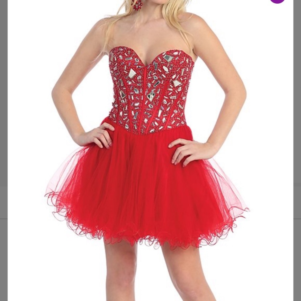 Red Embellished strapless sweetheart dress